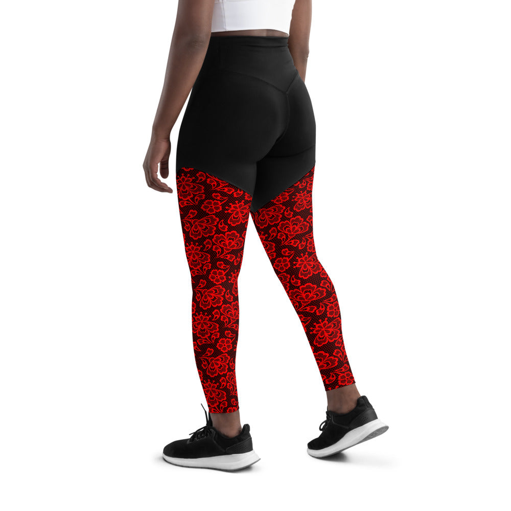 Crimson Lace Print Sports Leggings