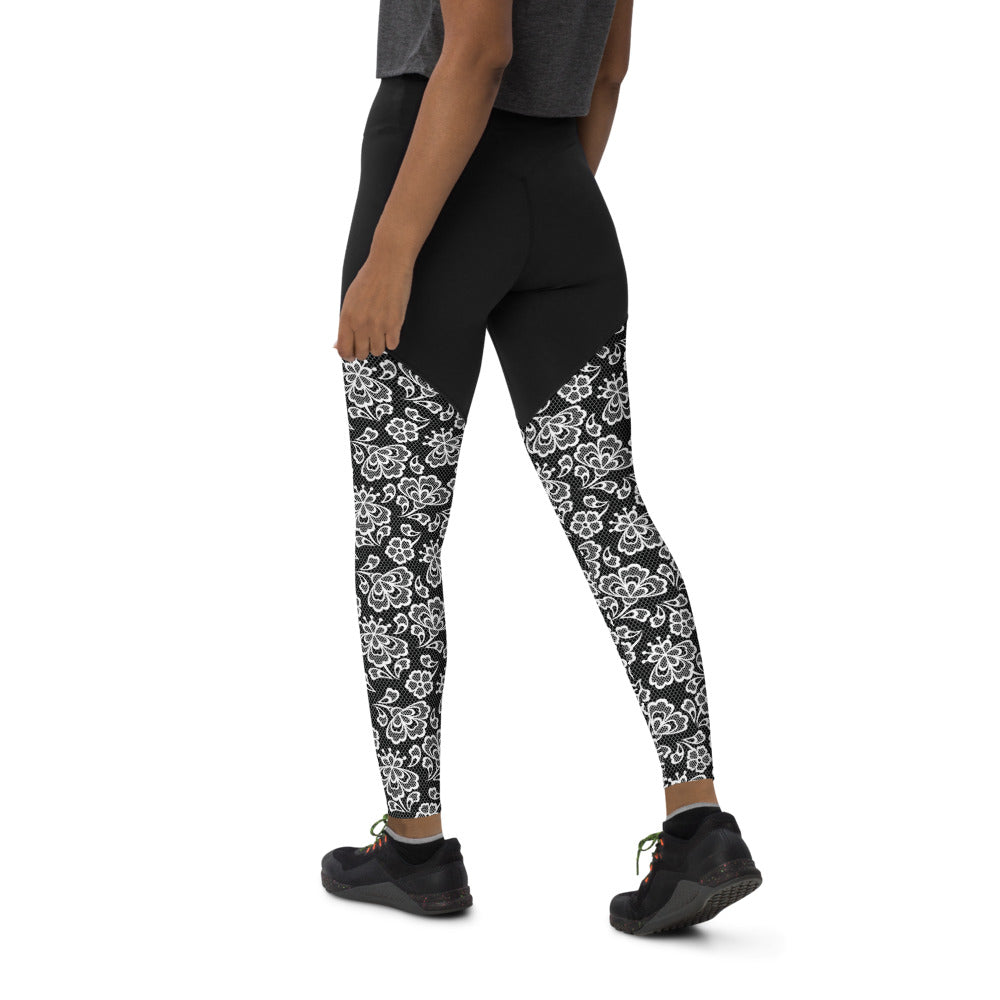 White Lace Print Sports Leggings