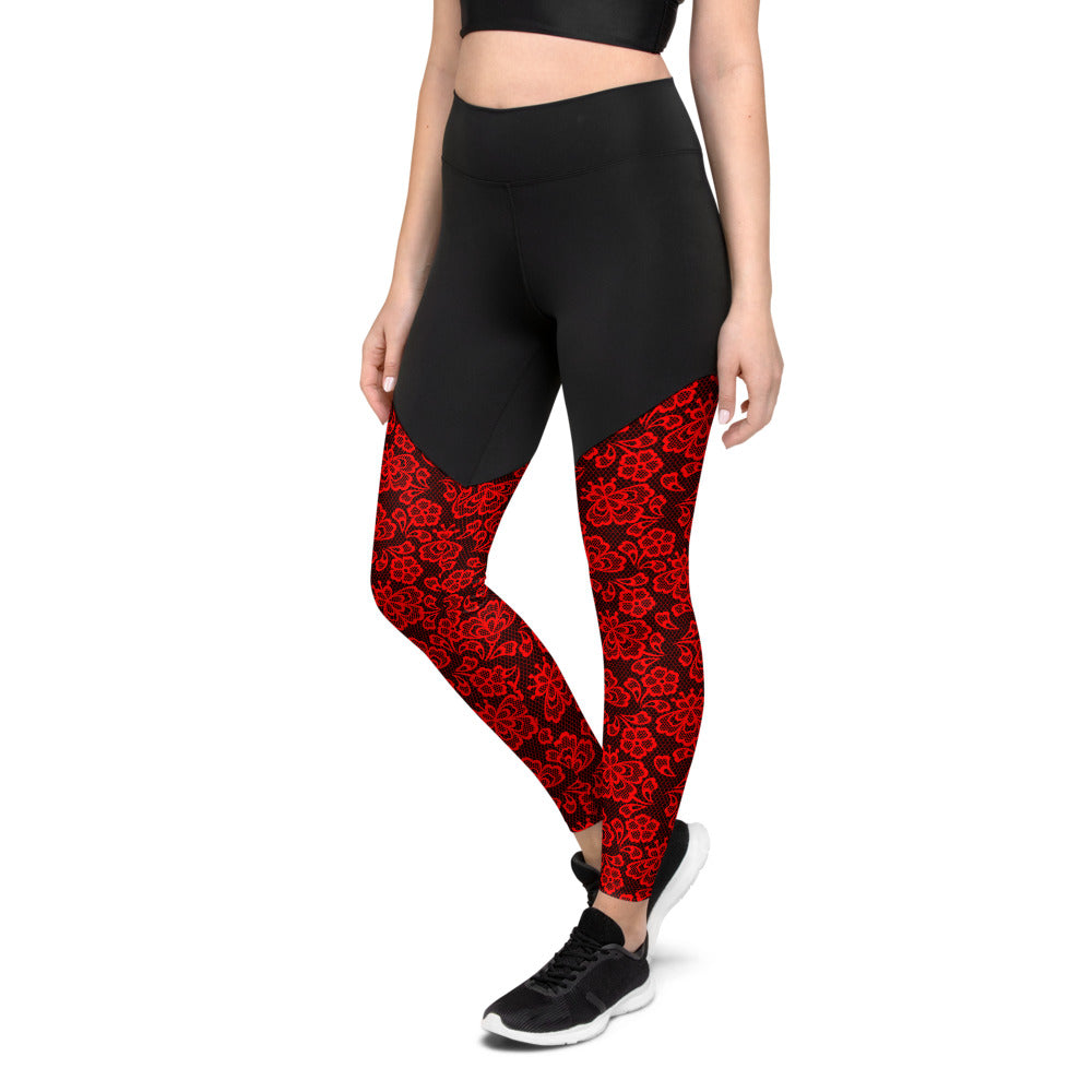 Crimson Lace Print Sports Leggings