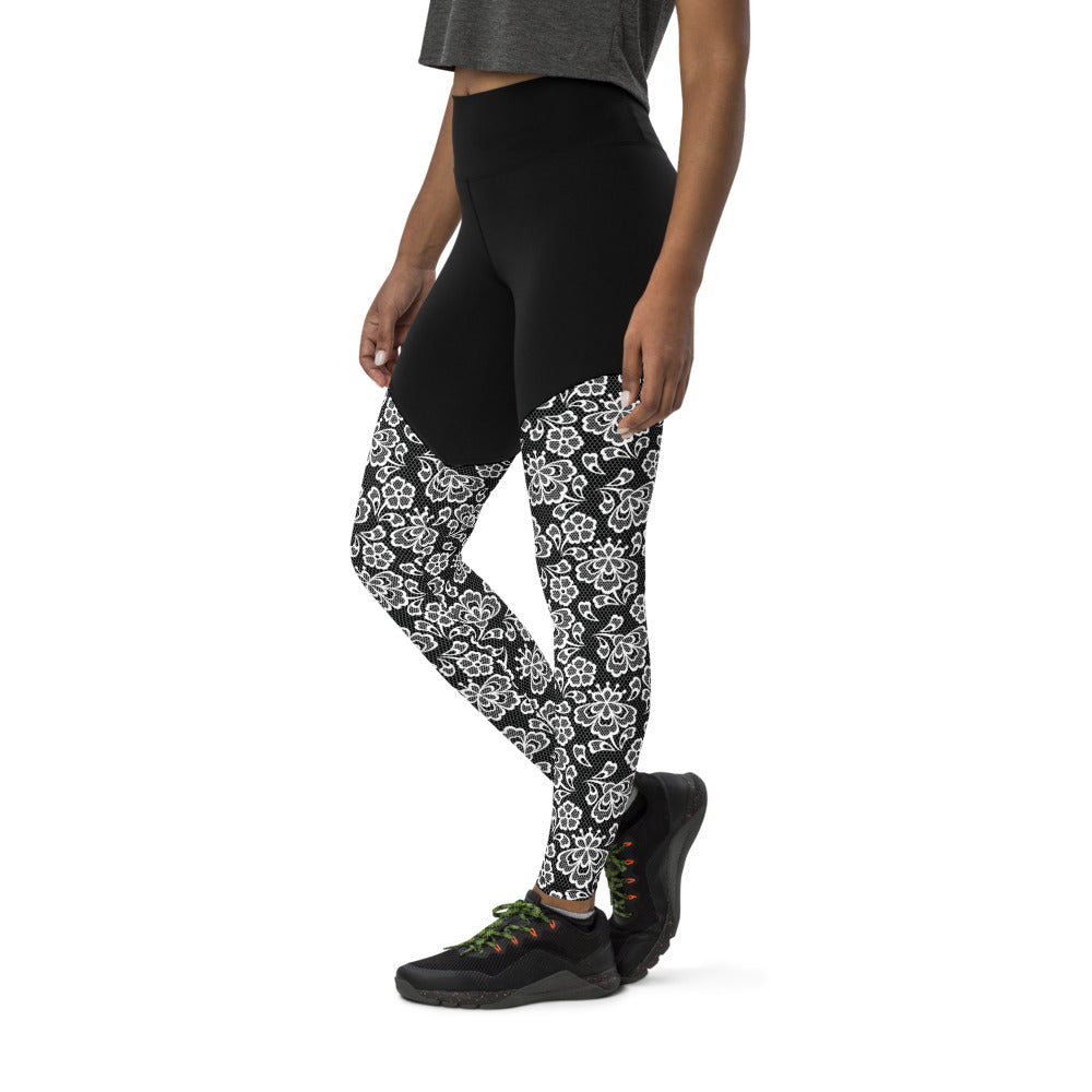 White Lace Print Sports Leggings