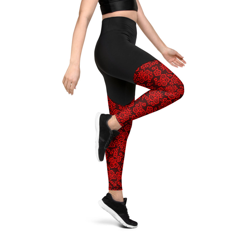 Crimson Lace Print Sports Leggings