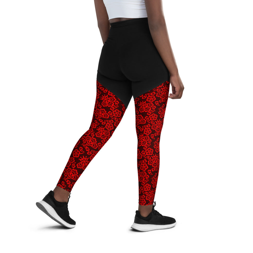 Crimson Lace Print Sports Leggings