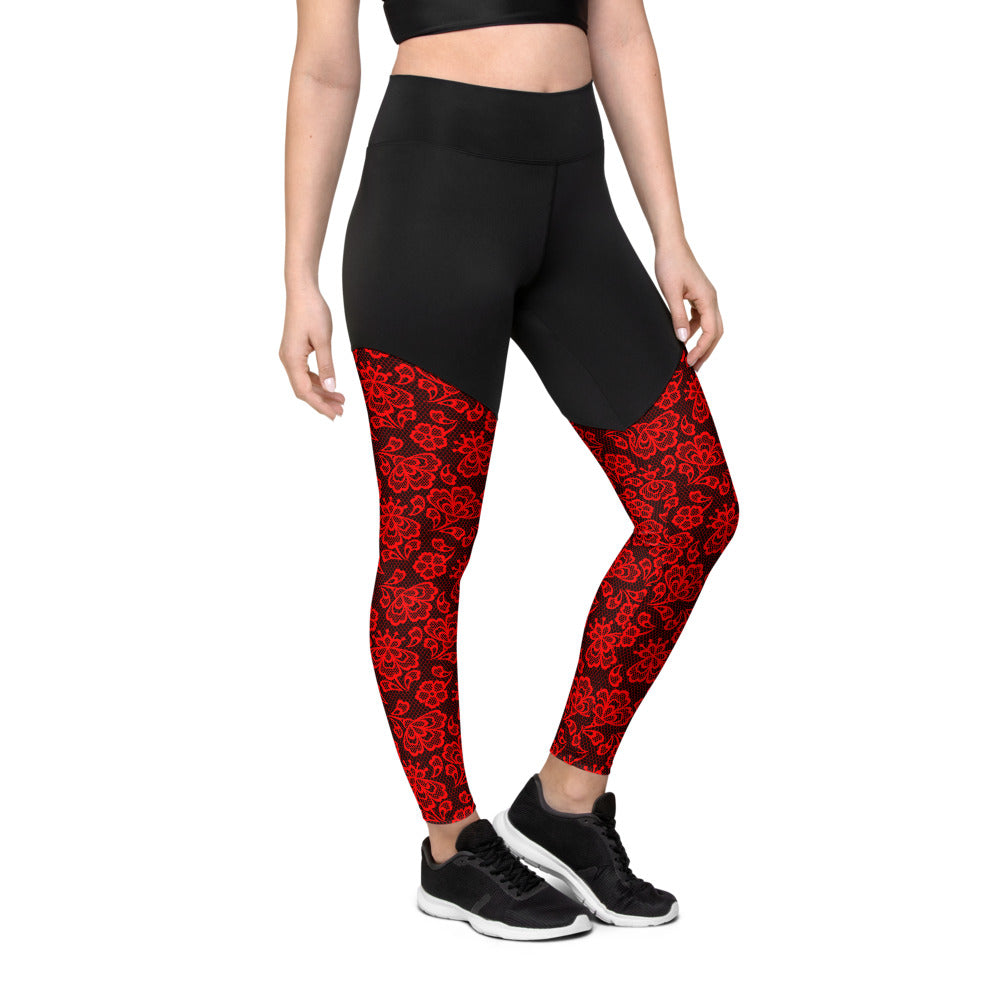 Crimson Lace Print Sports Leggings