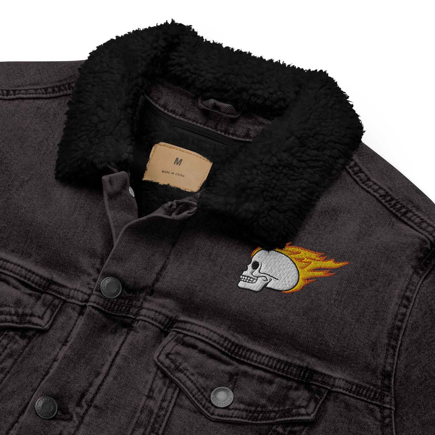 Flaming Skull Embroidered Unisex Denim Sherpa Jacket