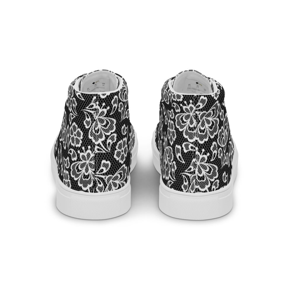 White Lace Print Women’s High Top Canvas Shoes
