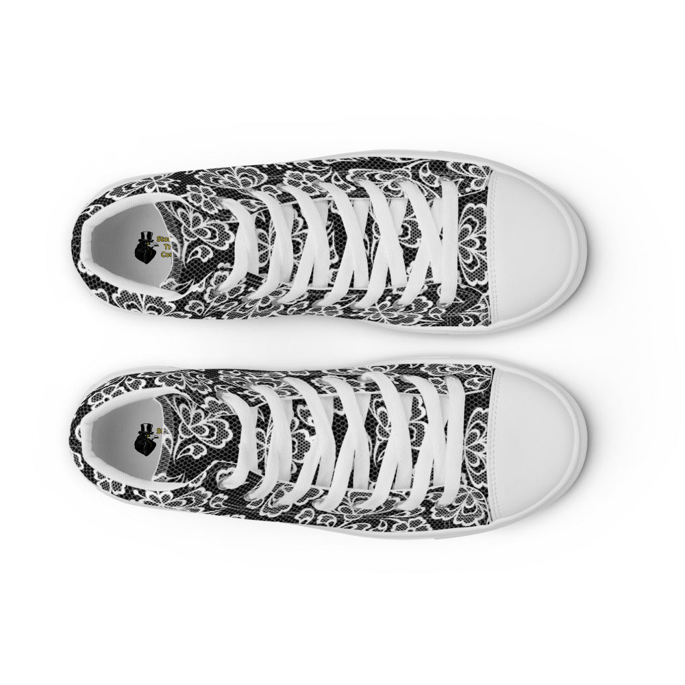 White Lace Print Women’s High Top Canvas Shoes