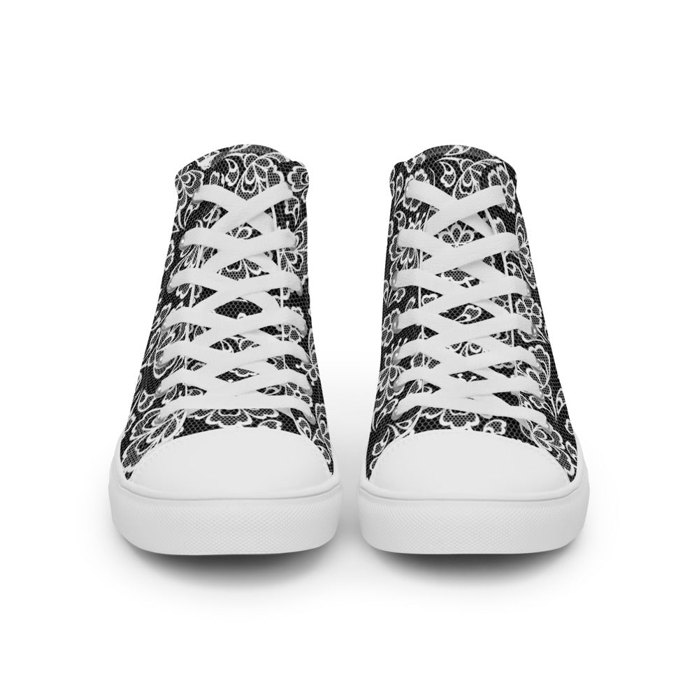 White Lace Print Women’s High Top Canvas Shoes