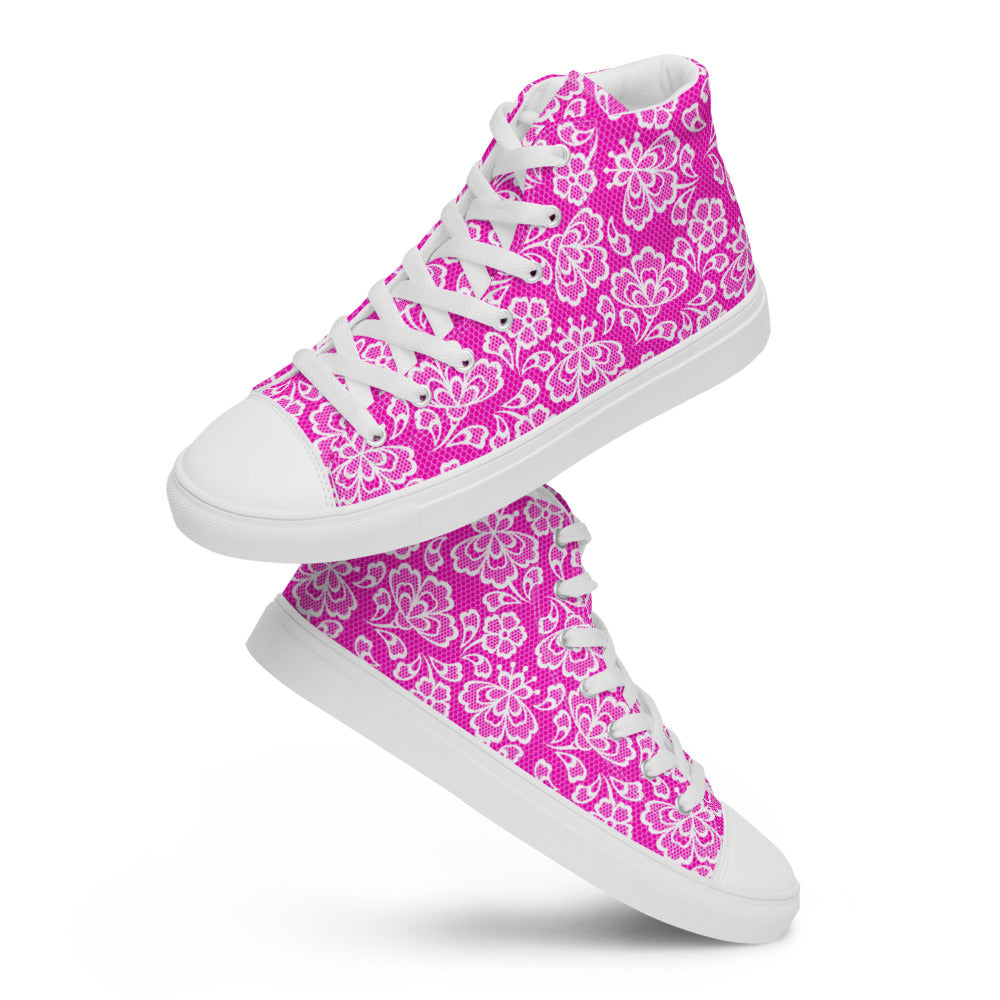 Pink Lace Print Women’s High Top Canvas Shoes