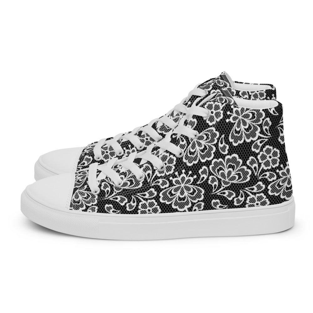 White Lace Print Women’s High Top Canvas Shoes