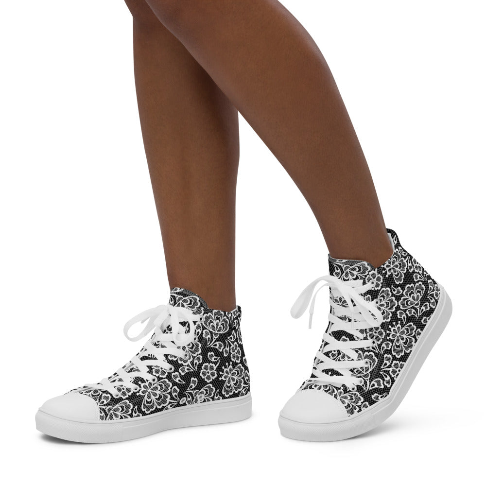 White Lace Print Women’s High Top Canvas Shoes