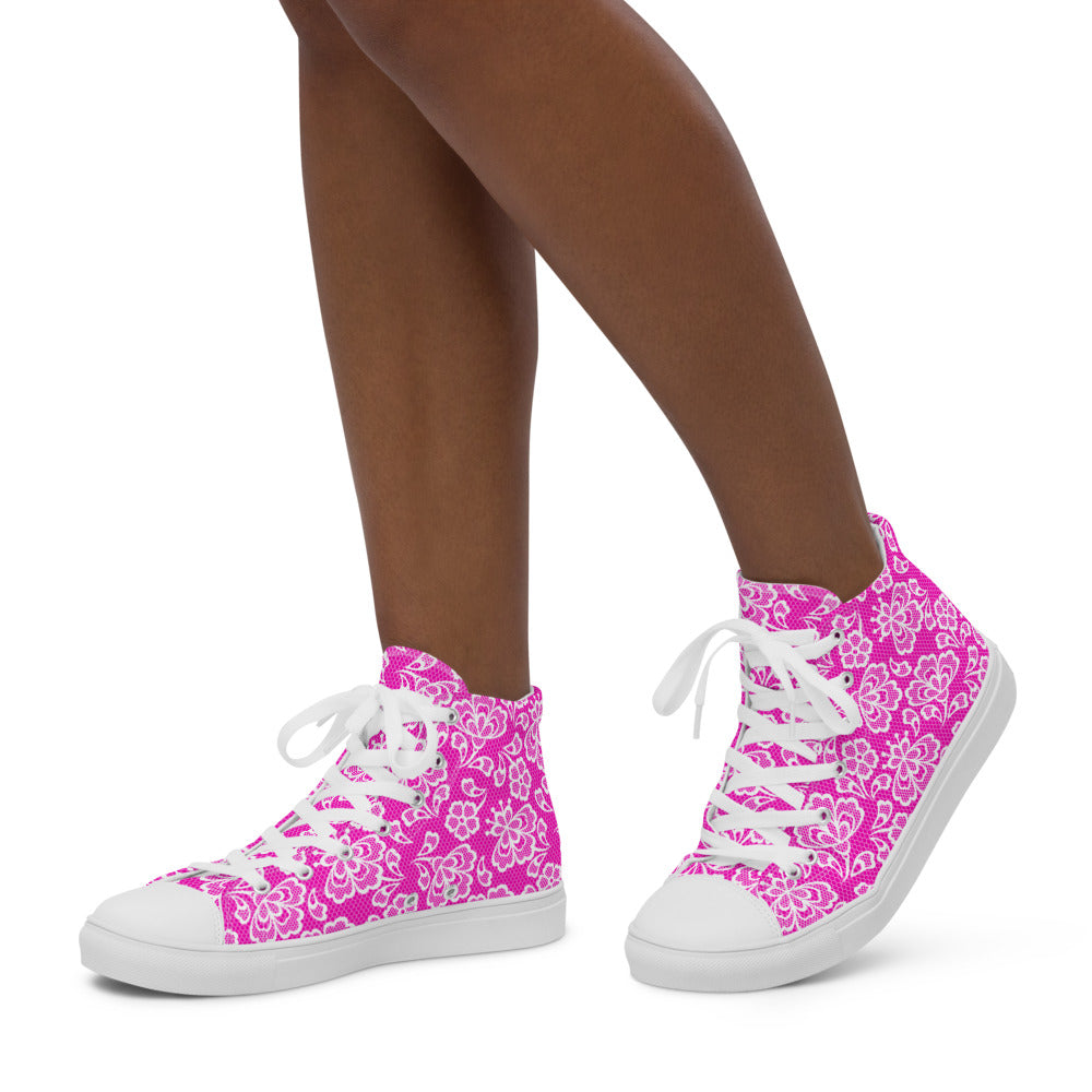 Pink Lace Print Women’s High Top Canvas Shoes