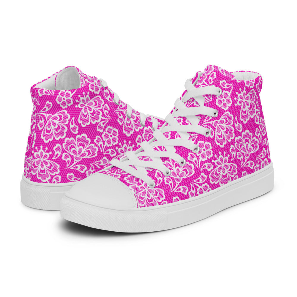 Pink Lace Print Women’s High Top Canvas Shoes