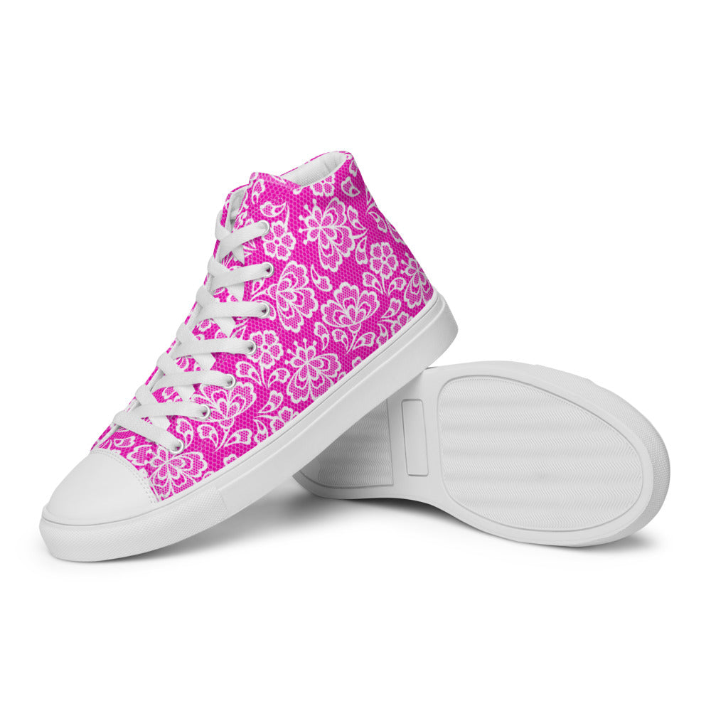 Pink Lace Print Women’s High Top Canvas Shoes