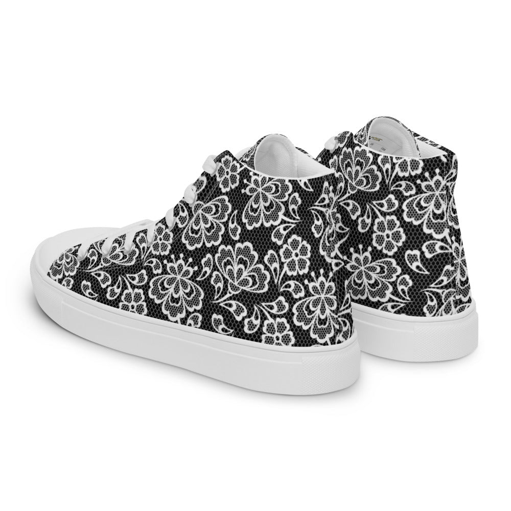 White Lace Print Women’s High Top Canvas Shoes