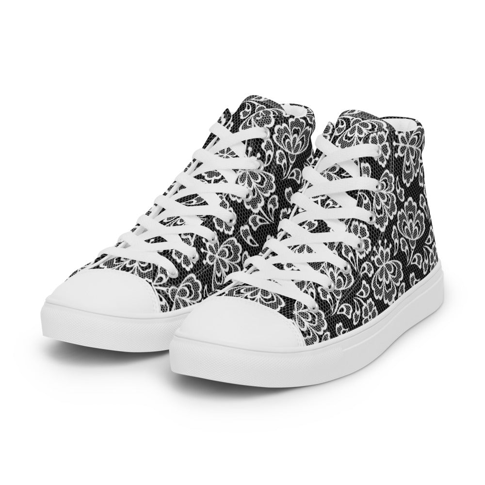 White Lace Print Women’s High Top Canvas Shoes