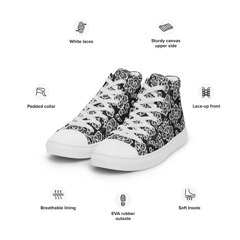 White Lace Print Women’s High Top Canvas Shoes