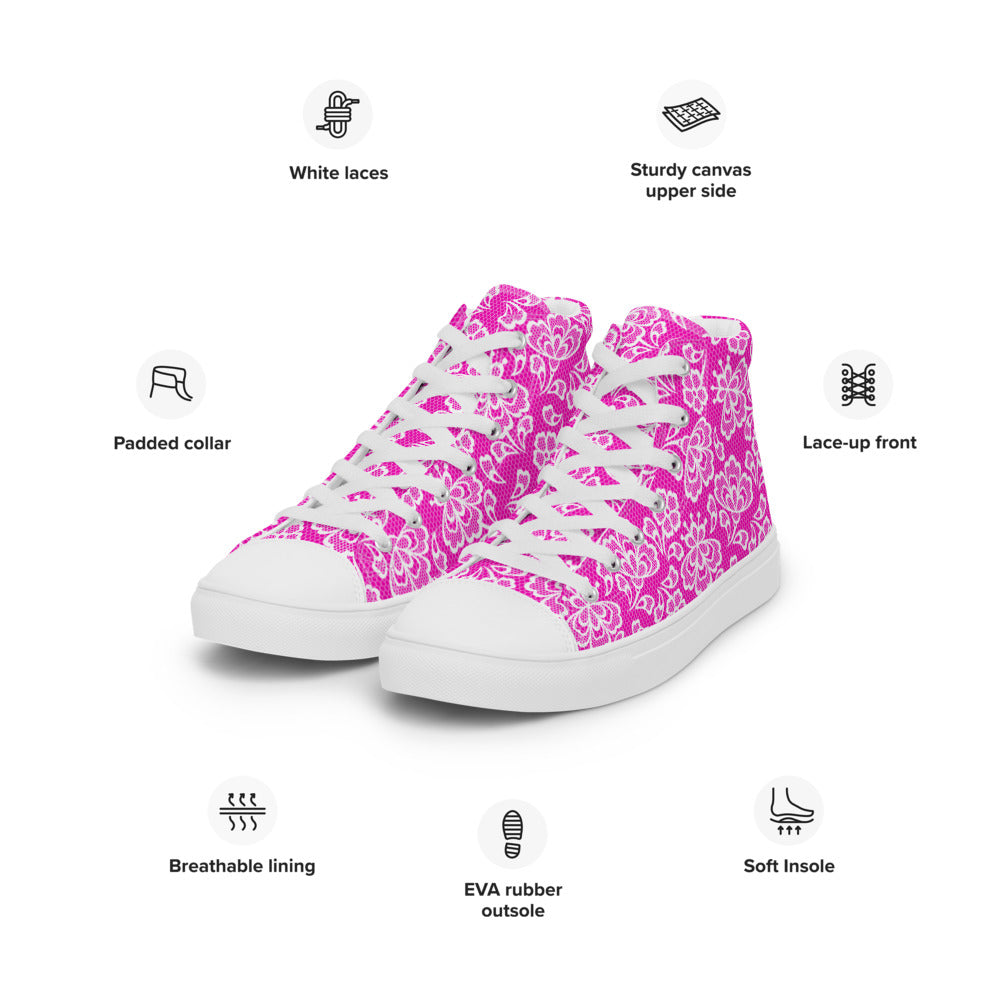 Pink Lace Print Women’s High Top Canvas Shoes