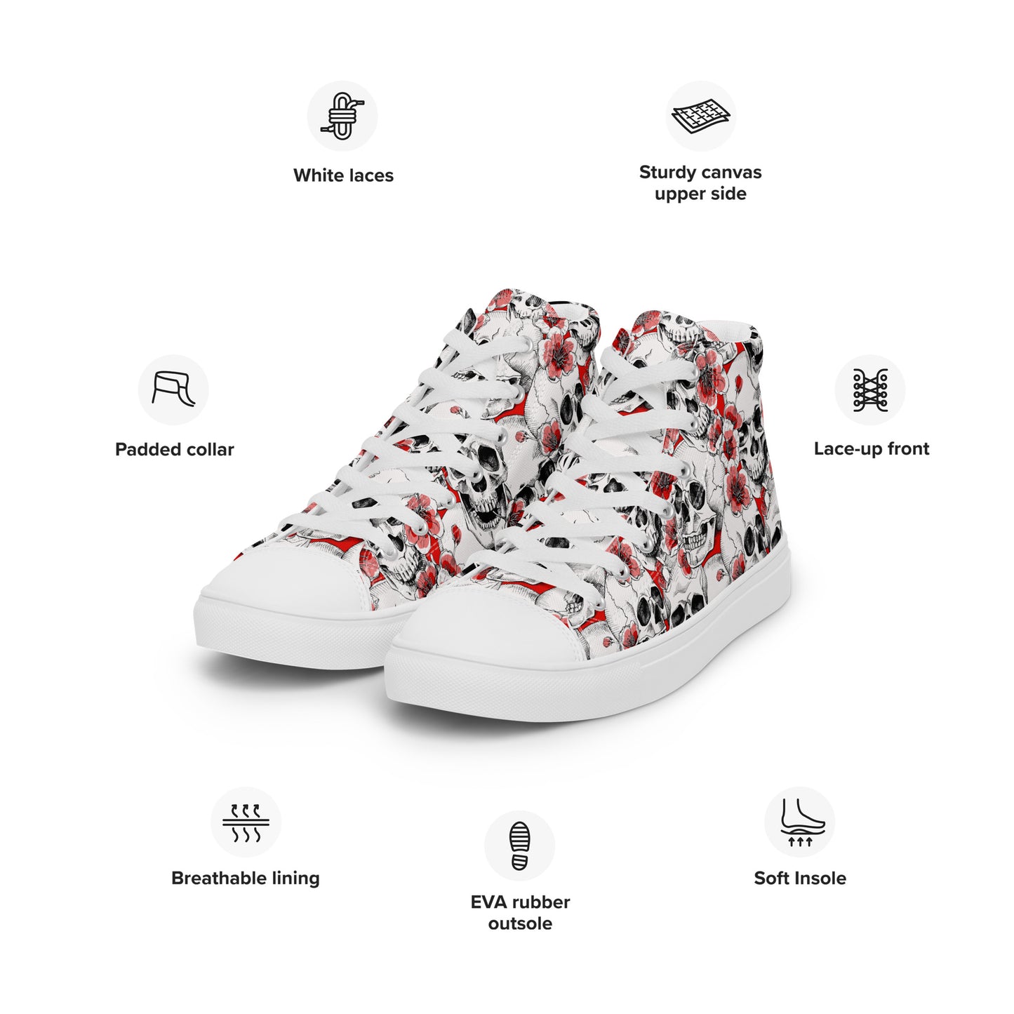 Skulls and Red Flowers Women’s High Top Canvas Shoes