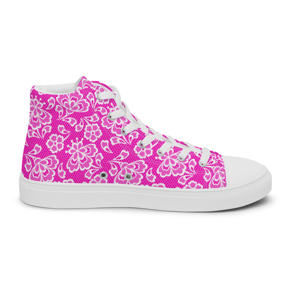 Pink Lace Print Women’s High Top Canvas Shoes