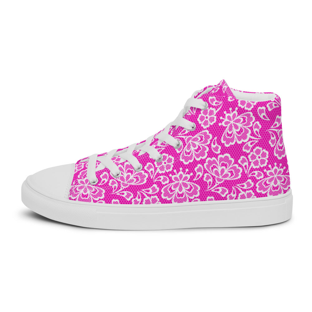 Pink Lace Print Women’s High Top Canvas Shoes