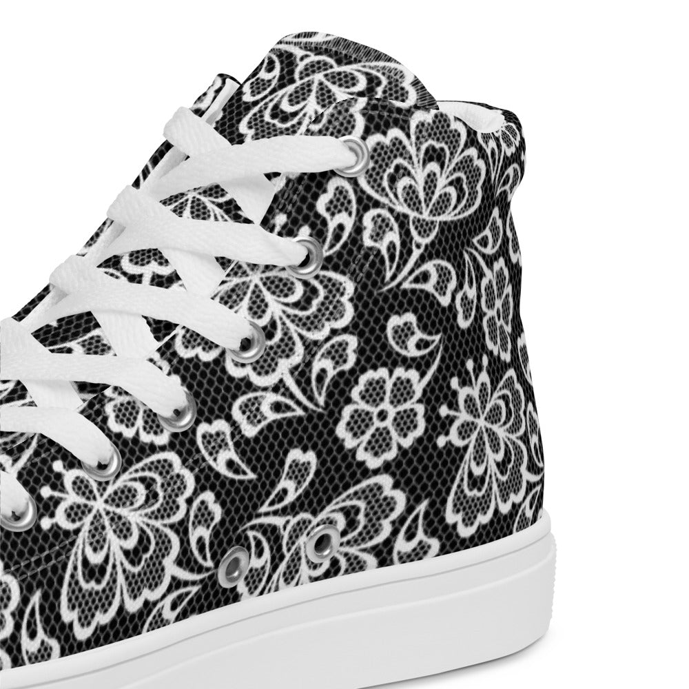 White Lace Print Women’s High Top Canvas Shoes