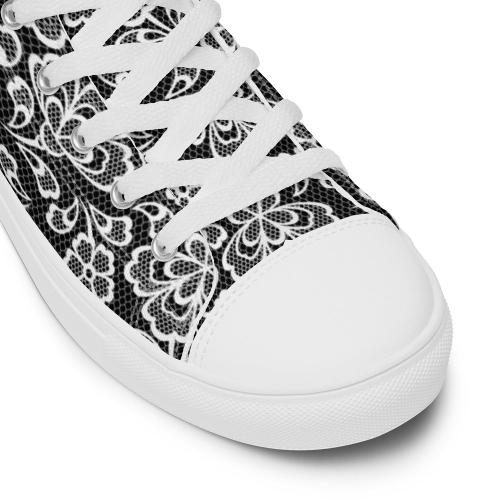 White Lace Print Women’s High Top Canvas Shoes