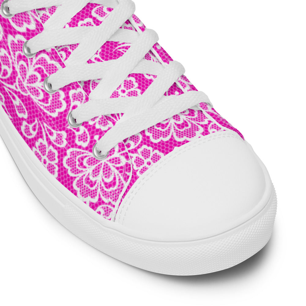 Pink Lace Print Women’s High Top Canvas Shoes