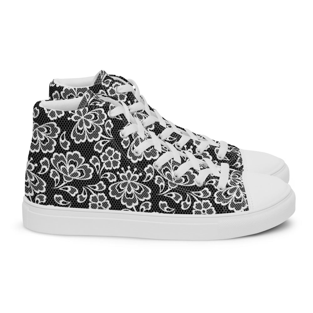 White Lace Print Women’s High Top Canvas Shoes