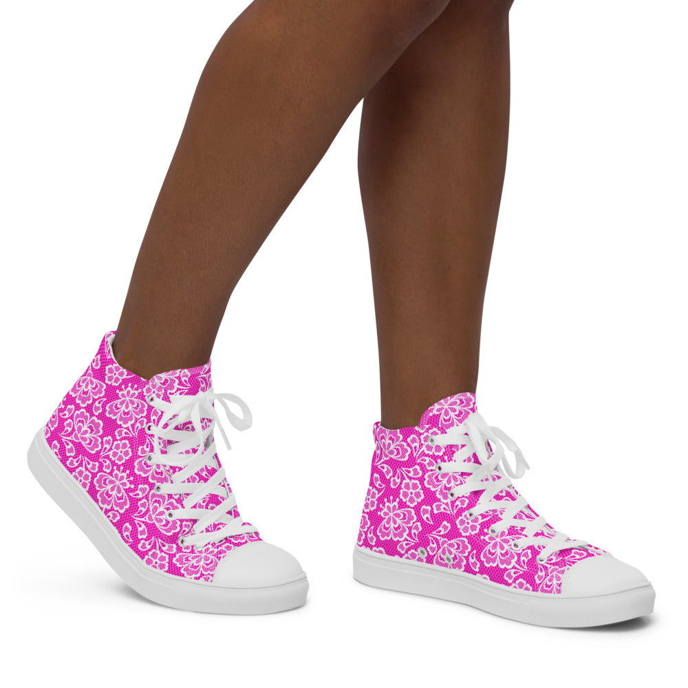 Pink Lace Print Women’s High Top Canvas Shoes