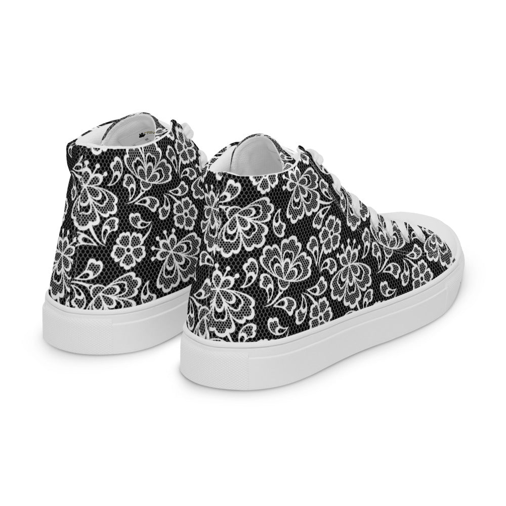 White Lace Print Women’s High Top Canvas Shoes