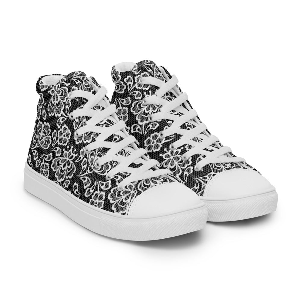 White Lace Print Women’s High Top Canvas Shoes