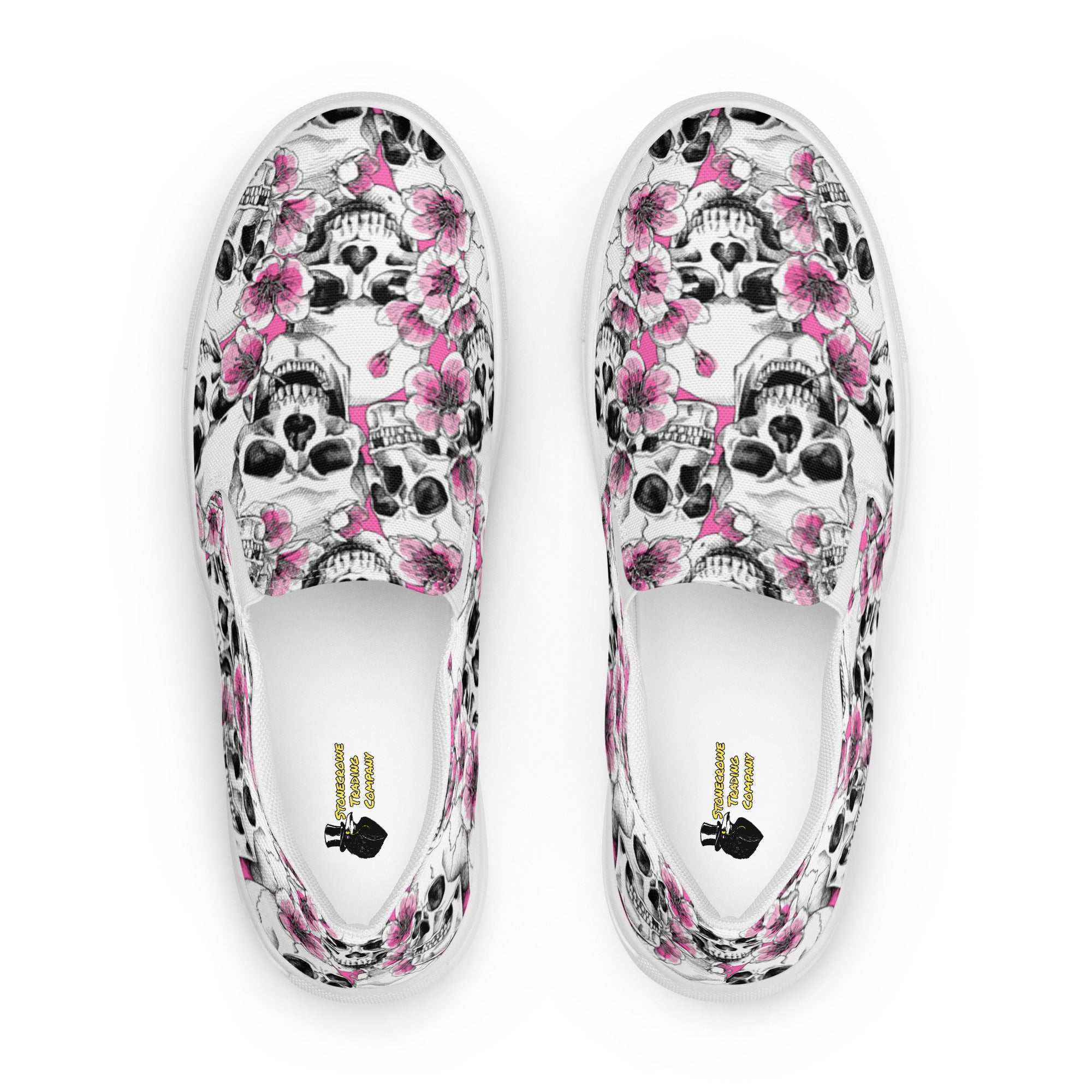 Skulls and Pink Blossoms Women’s Slip-on Canvas Shoes