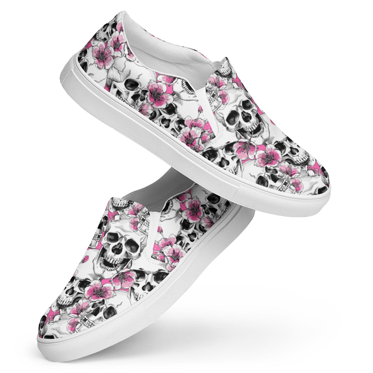 Skulls and Pink Blossoms Women’s Slip-on Canvas Shoes