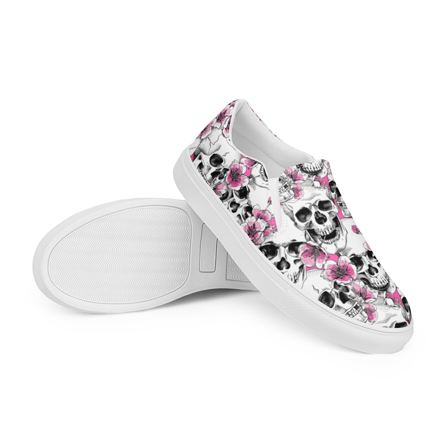 Skulls and Pink Blossoms Women’s Slip-on Canvas Shoes